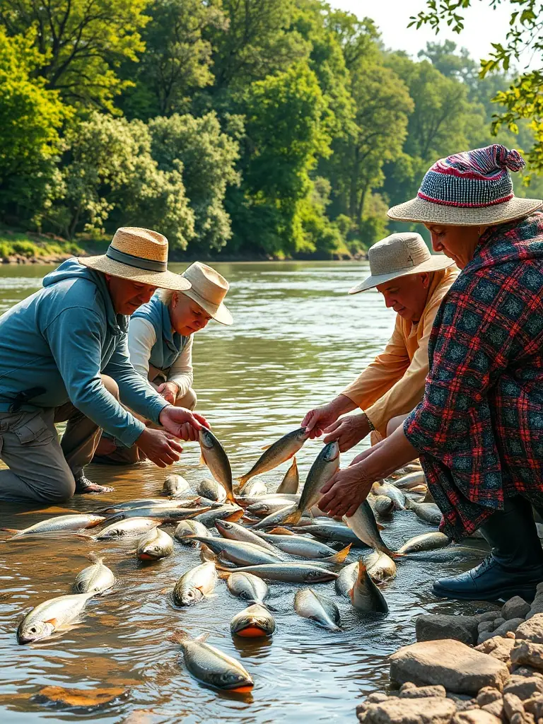 A group of anglers releasing fish back into the water, practicing catch and release techniques.