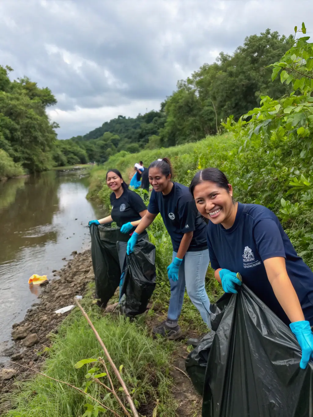 Volunteers cleaning up a riverbank, removing trash and debris as part of a CLUB DES PECHEURS SPORTIFS DU PENTHIEVRE (PSP) environmental initiative.