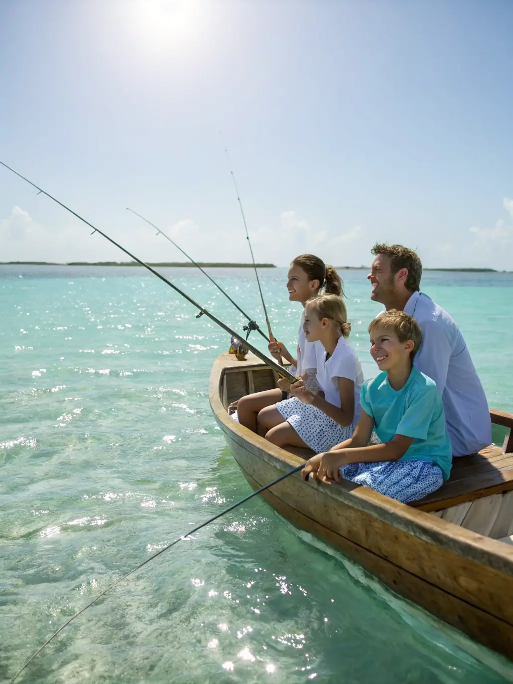 A family participating in a guided fishing tour, enjoying the scenic views and learning about local fish species.