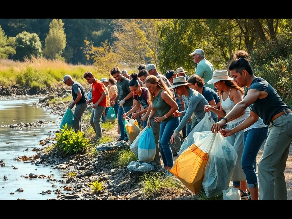 Volunteers cleaning up a riverbank, collecting trash and debris, with a focus on teamwork and environmental responsibility. The scene should be bright and positive, showcasing the impact of their efforts.