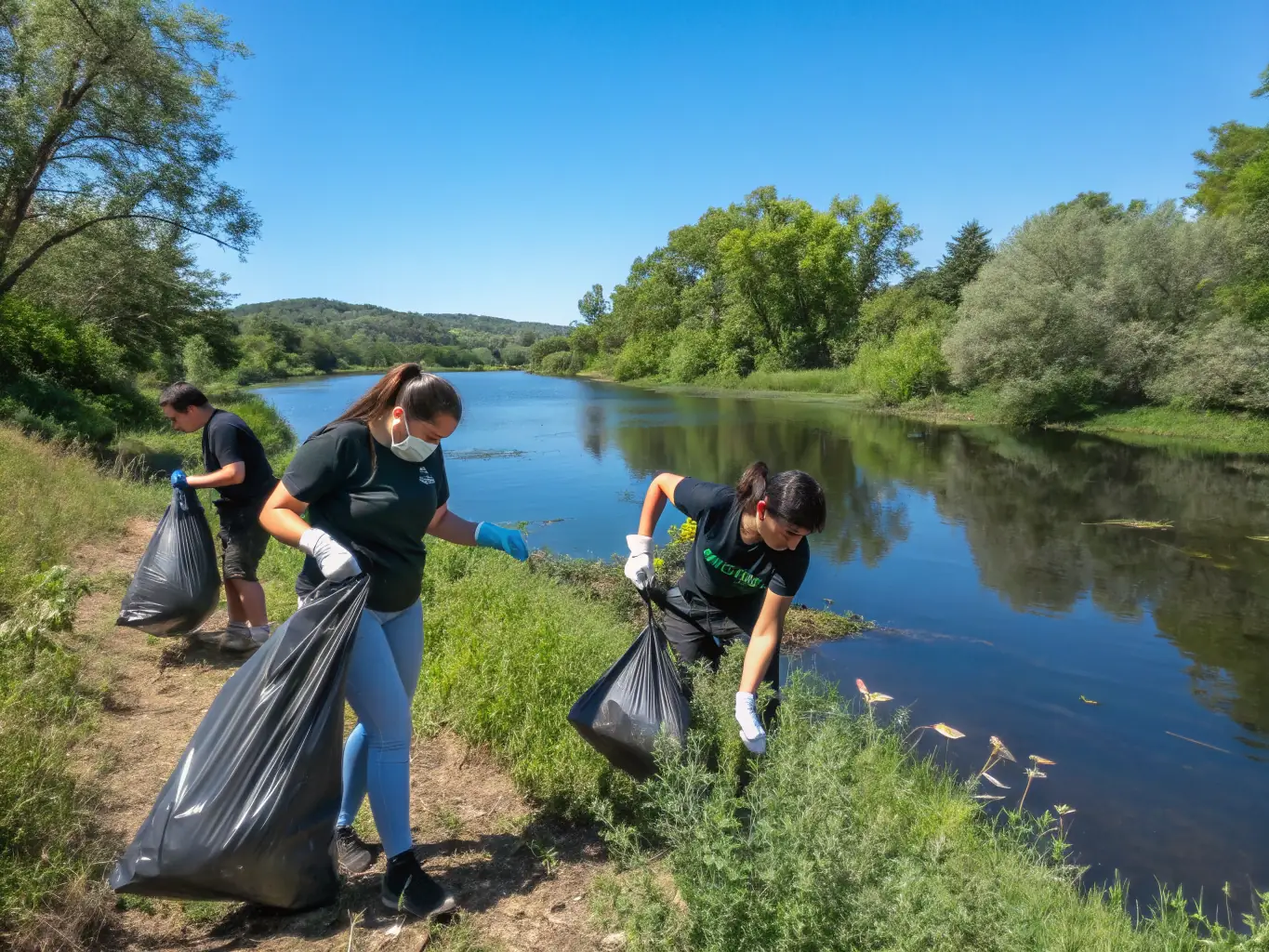 A photograph showcasing CLUB DES PECHEURS SPORTIFS DU PENTHIEVRE (PSP) members volunteering at a local river cleanup event, emphasizing their commitment to environmental conservation.